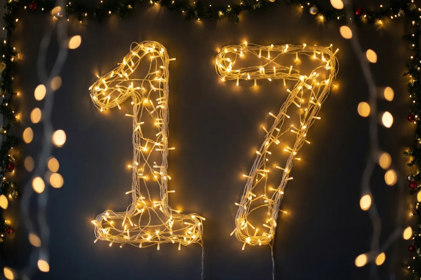 Warme lichtjes vormen 17 tegen een donkere muur, met onscherpe feestlichtjes en groen eromheen.
