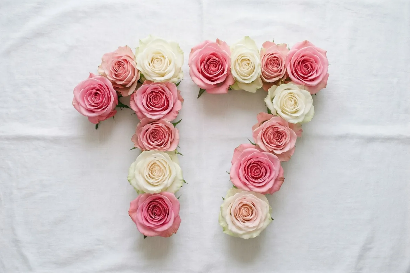 Van bovenaf zijn roze en witte rozen te zien die 17 vormen op een wit tafelkleed in zachte pasteltinten.