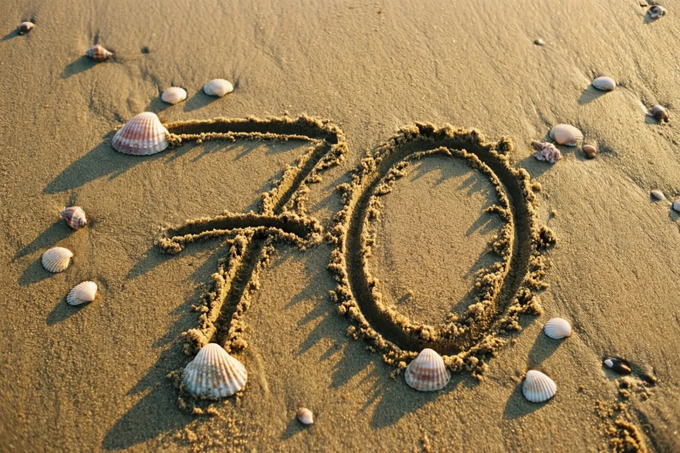 Het getal 70 is in het zand van een strand getekend, met schelpen eromheen in warm goudkleurig licht.