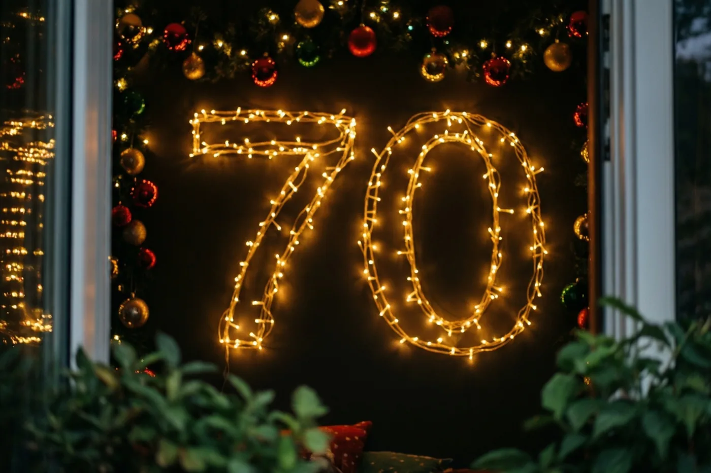 Warme lichtjes vormen 70 op een donkere muur, omlijst door een raam met wazige feestlichtjes en kerstversiering.