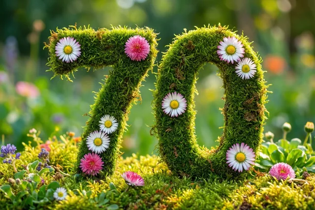 Het getal 70 is gevormd uit groen mos en versierd met witte en roze madeliefjes in een landelijke tuin met wazig groen op de achtergrond.
