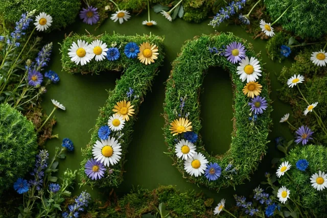 Groen mos vormt het getal 70, versierd met madeliefjes en andere kleine bloemen tegen een groene achtergrond.