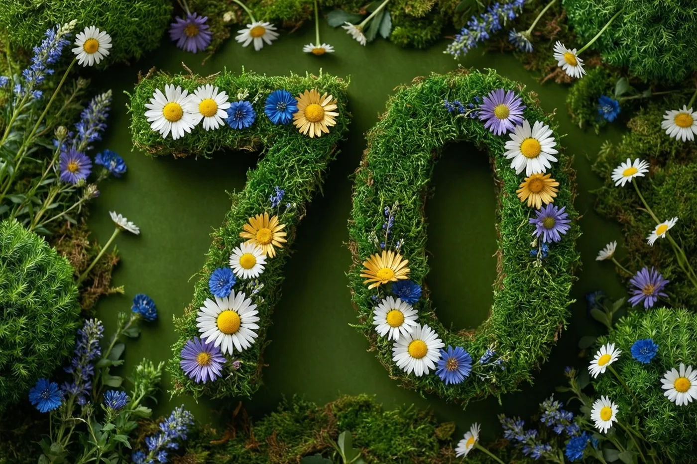 Groen mos vormt het getal 70, versierd met madeliefjes en andere kleine bloemen tegen een groene achtergrond.