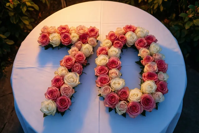 Van bovenaf zijn roze en witte rozen te zien die 70 vormen op een wit tafelkleed buiten, met groen op de achtergrond.