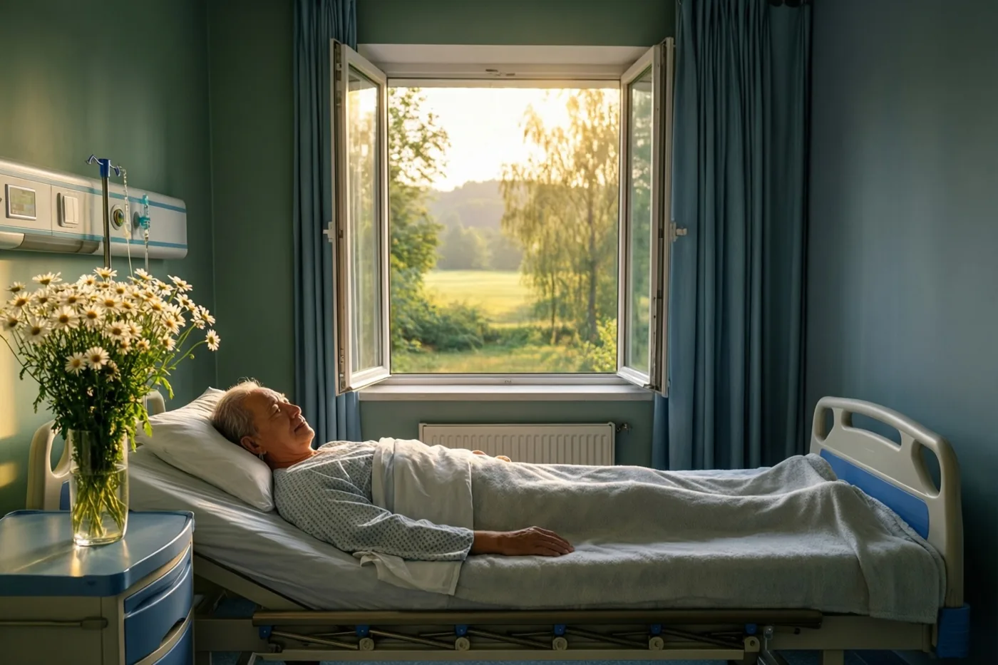 Een oudere persoon ligt in een ziekenhuisbed bij een open raam en kijkt naar een zonnig veld, in een kamer met groene muren, blauwe gordijnen en een vaas madeliefjes op het nachtkastje.