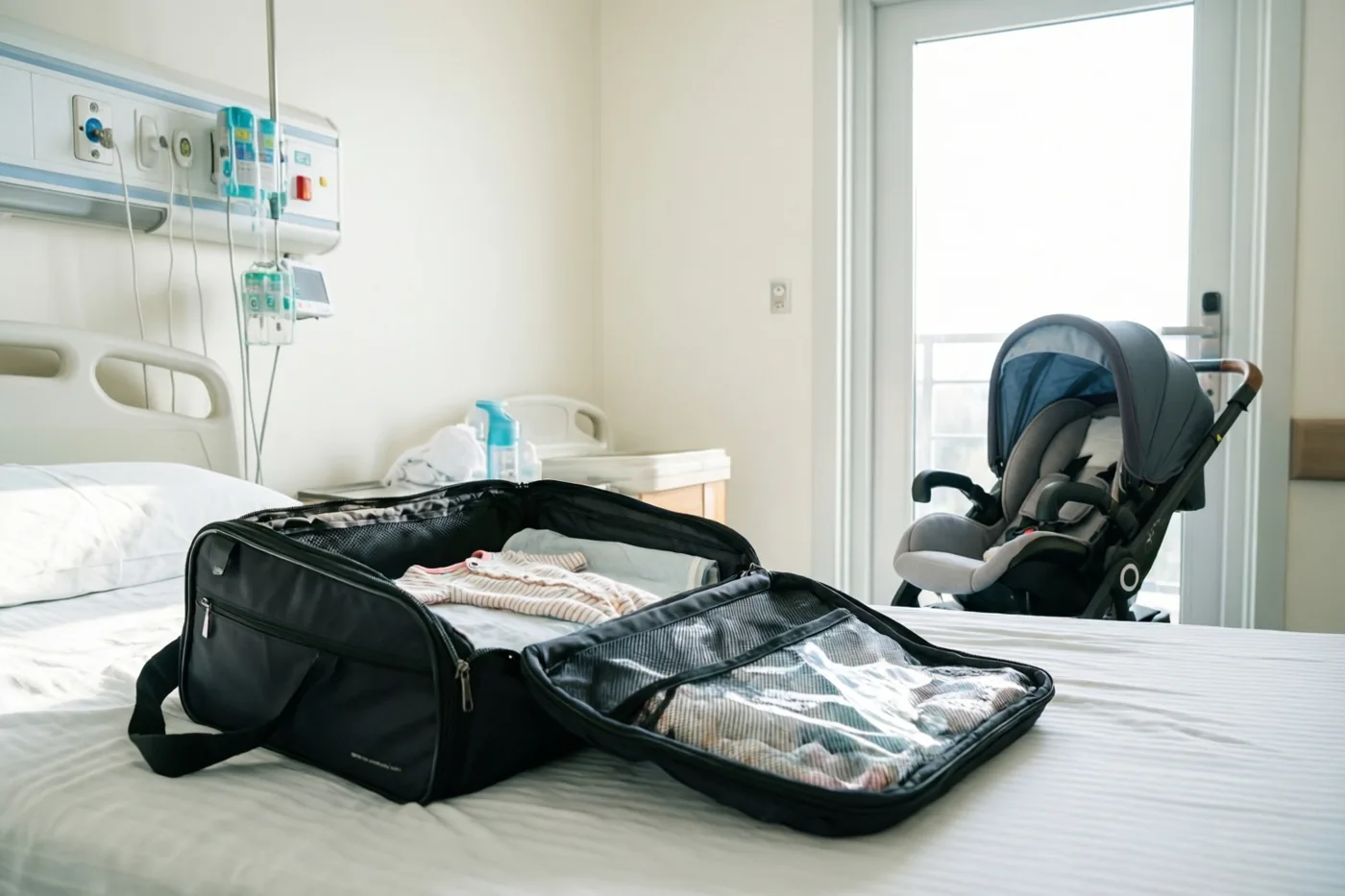 Een open zwarte ziekenhuistas met babykleertjes staat op een ziekenhuisbed, met een autostoeltje voor een baby bij de deur en medische apparatuur in de lichte witte kamer.