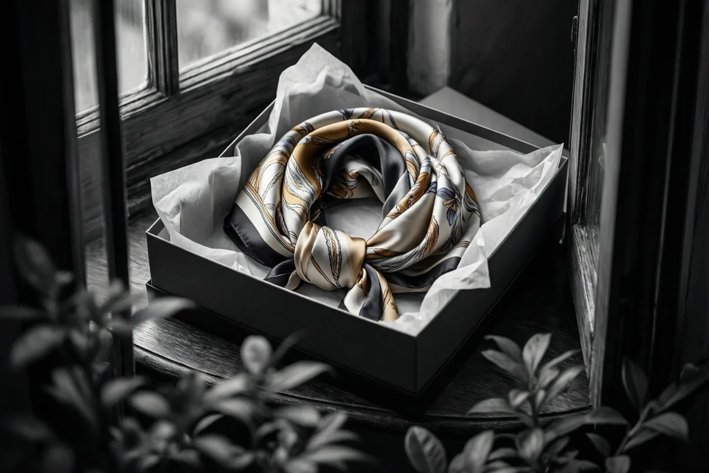 Een zijden sjaal met bloemenpatroon ligt opgerold in een open zwarte geschenkdoos met wit vloeipapier op een houten vensterbank.