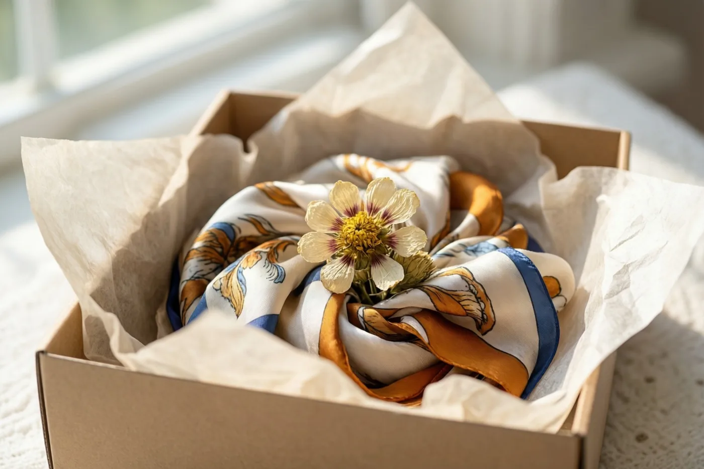 Een geschenkdoos met gekreukt vloeipapier bevat een zijden sjaal met een patroon en een geperste bloem, in natuurlijk licht van een nabijgelegen raam.