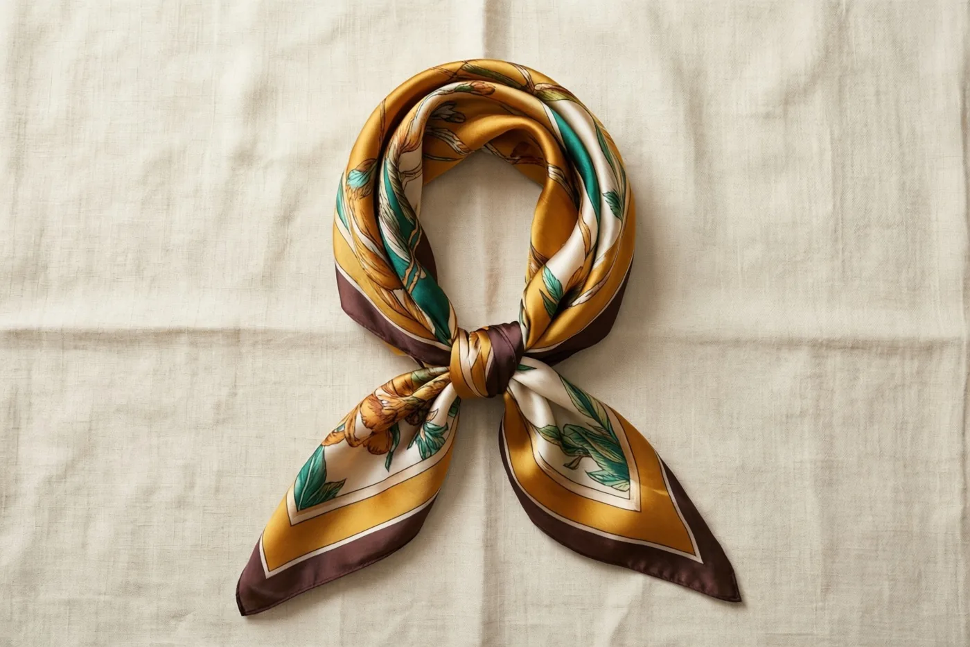 Twee zijden sjaals zijn tot een strik aan elkaar geknoopt op crèmekleurig linnen, met een patroon van groene bladeren en bloemen en een gele en bruine rand.