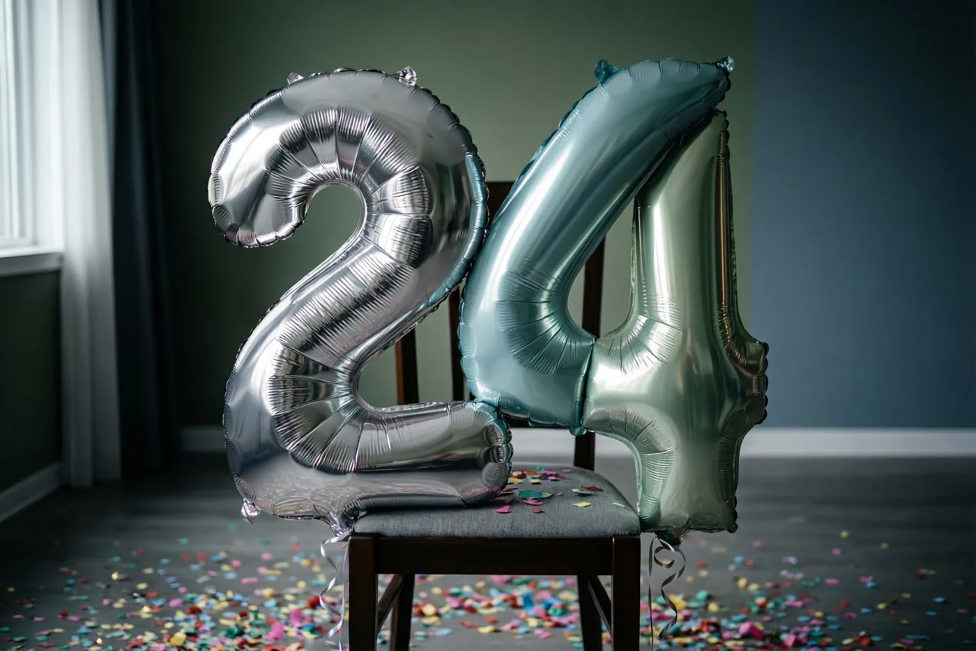 Zilveren en zacht blauwgroene folieballonnen vormen 24 aan een stoel, met confetti op de vloer, een gedempt groen-blauwe muur en daglicht uit een raam.