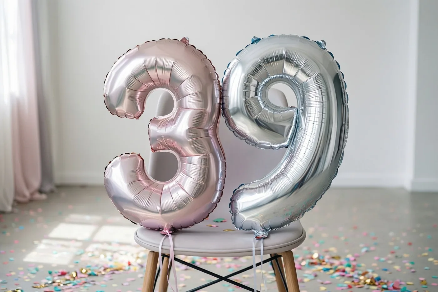 Zilveren en roségouden folieballonnen vormen 39 aan een stoel in een lichte kamer met kleurrijke confetti op de vloer.