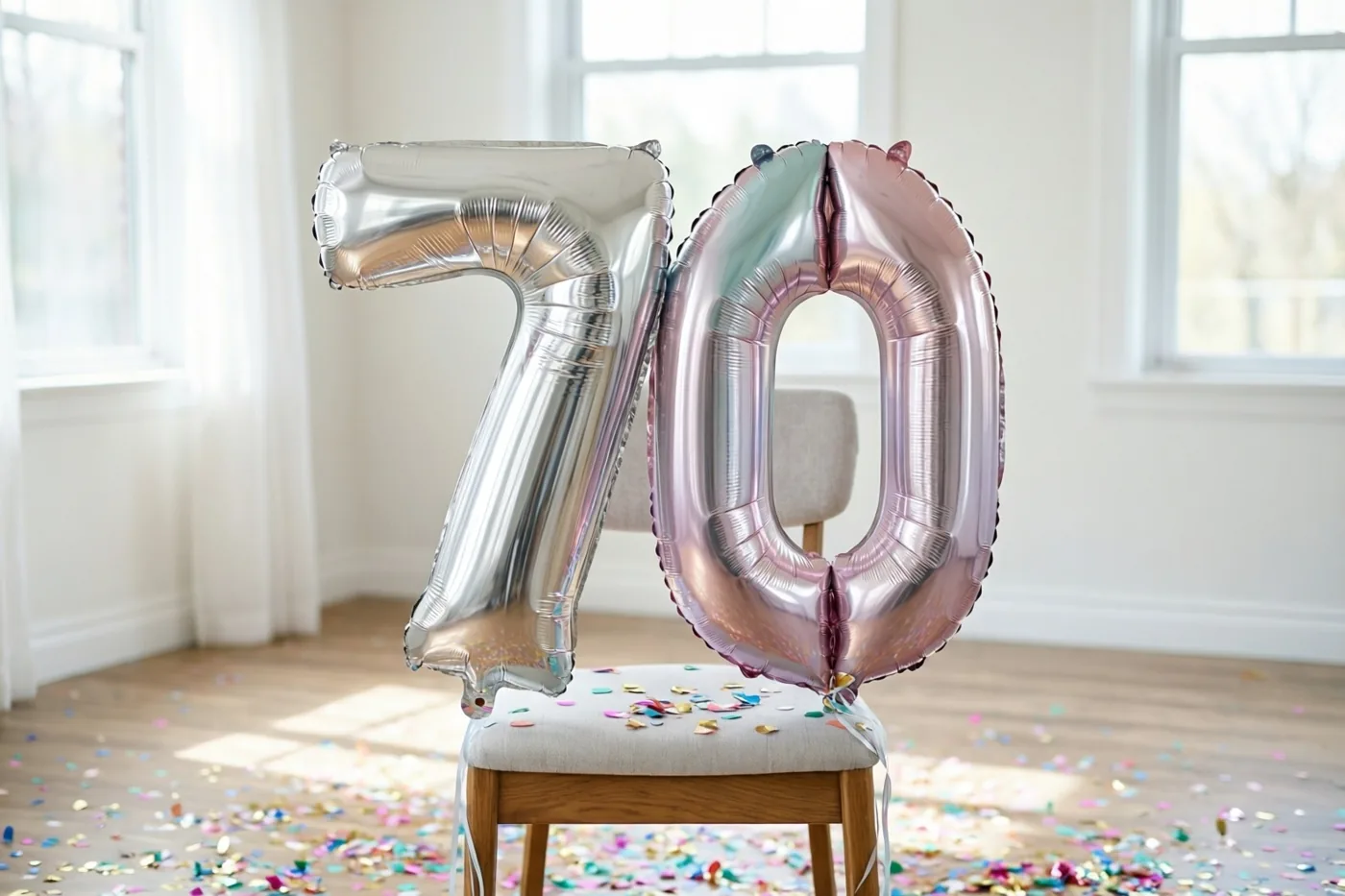 Een zilveren 7 en een roségouden 0 van folieballonnen vormen samen 70 aan een stoel in een zonnige kamer met gekleurde confetti op de houten vloer.