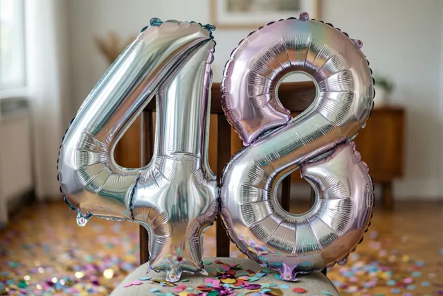 Twee grote zilveren en pastelkleurige cijferballonnen vormen 48 aan een stoel in een lichte kamer met kleurrijke confetti op de vloer.