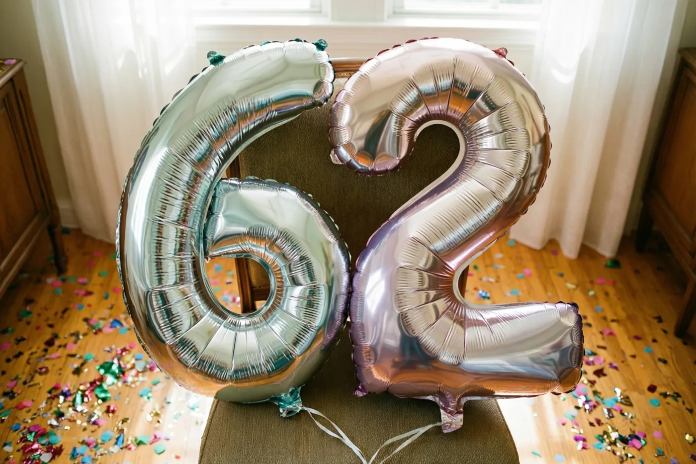 Glanzende zilveren en pastelkleurige ballonnen in de vorm van 6 en 2 zijn vastgemaakt aan een stoel, met gekleurde confetti op de houten vloer.