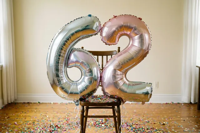 Zilveren en roségouden folieballonnen in de vorm van 6 en 2 zijn aan een houten stoel vastgemaakt, met gekleurde confetti op de vloer.