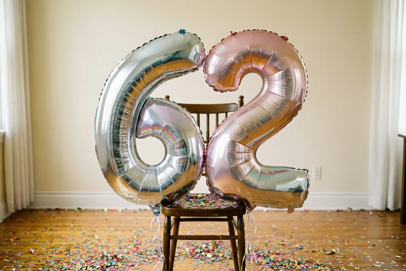 Zilveren en roségouden folieballonnen in de vorm van 6 en 2 zijn aan een houten stoel vastgemaakt, met gekleurde confetti op de vloer.