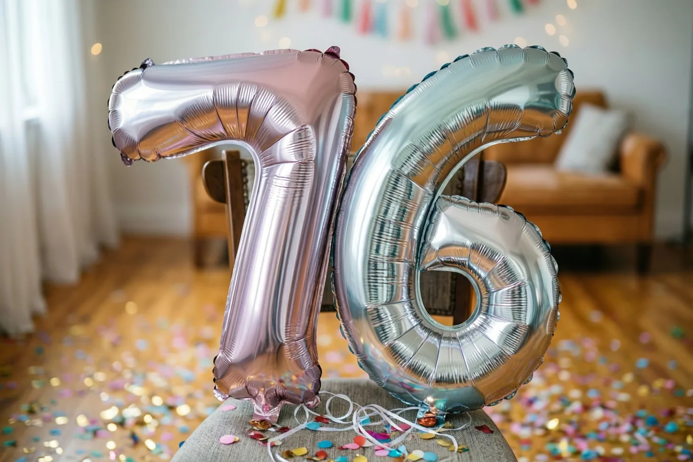 Grote zilveren en pastelroze folieballonnen in de vorm van 7 en 6 hangen aan een stoel in een lichte kamer met confetti op de houten vloer.
