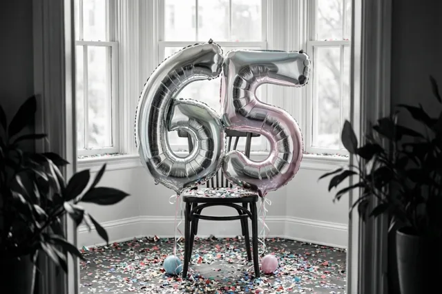 Zilveren en pastelroze folieballonnen in de vorm van 6 en 5 hangen aan een stoel in een lichte kamer met confetti op de vloer.