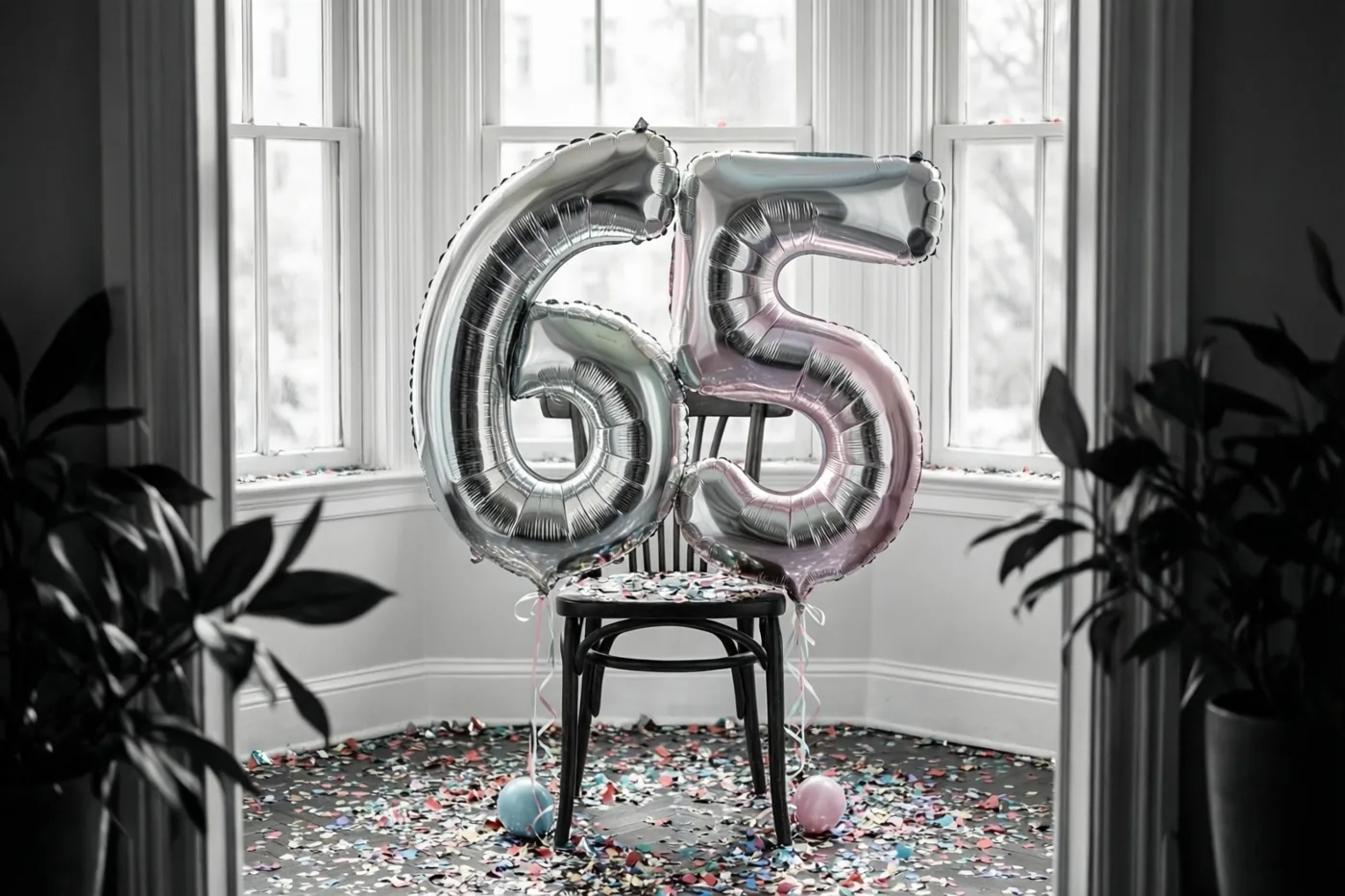 Zilveren en pastelroze folieballonnen in de vorm van 6 en 5 hangen aan een stoel in een lichte kamer met confetti op de vloer.