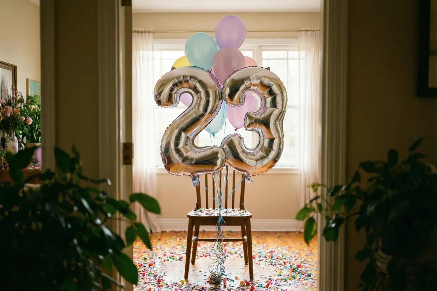 Een grote zilveren folieballon in de vorm van 23 hangt aan een houten stoel tussen boogvormige deuropeningen, met planten, pastelballonnen en confetti op de houten vloer.