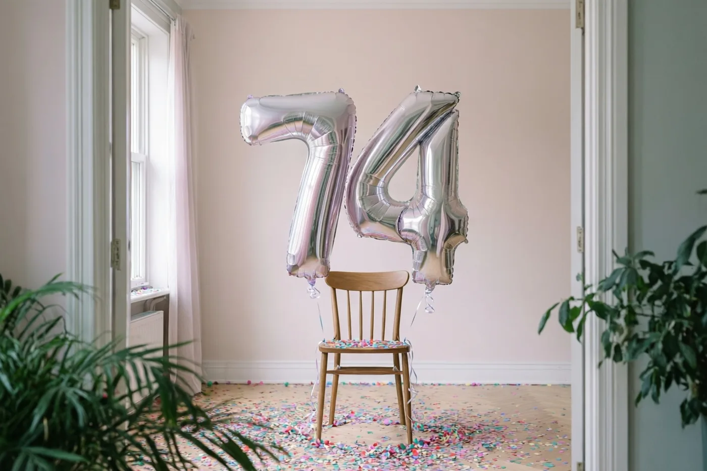 Zilveren folieballonnen vormen 74 aan een houten stoel in een lichte kamer met pastelkleurige muren, kleurrijke confetti en groene planten.