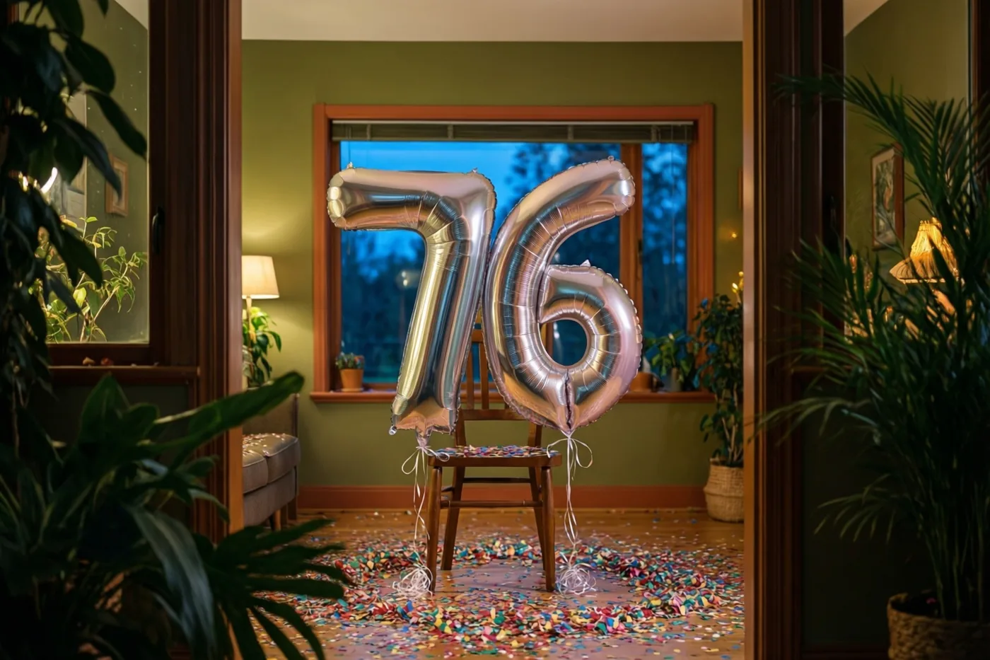 Zilveren folieballonnen vormen 76 aan een houten stoel in een warm verlichte kamer met kleurrijke confetti, kamerplanten en een raam met schemering buiten.