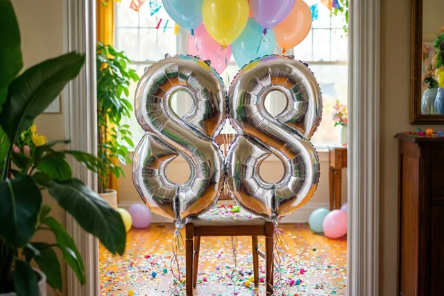 Zilveren folieballonnen vormen 88 aan een houten stoel, met kleurrijke confetti op de vloer en pastelballonnen bij een raam.