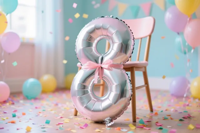 Een grote zilveren ballon in de vorm van een 8 met een roze strik leunt tegen een roze stoel, met kleurrijke confetti op de vloer en pastelballonnen en vlaggetjes op de achtergrond.