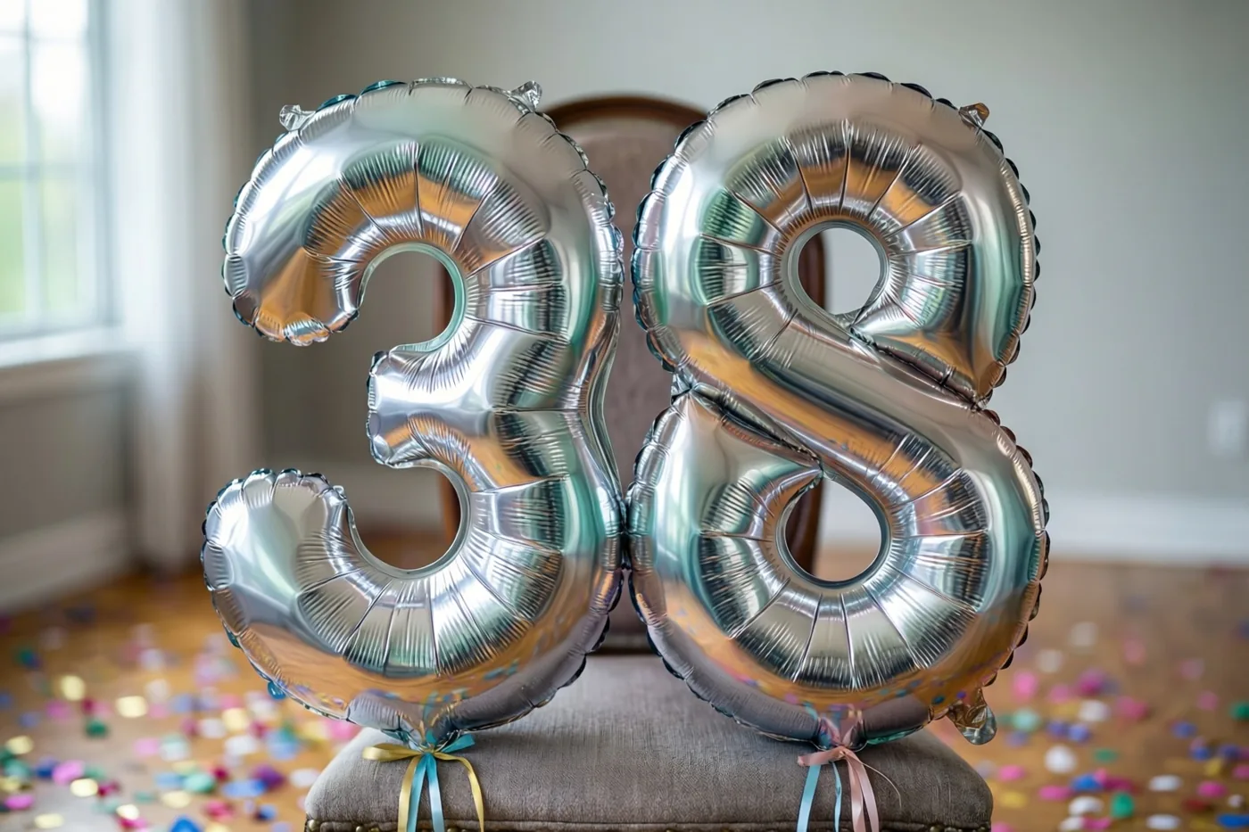 Zilveren folieballonnen in de vorm van 3 en 8 zijn vastgemaakt aan een stoel in een lichte kamer met kleurrijke confetti en daglicht door een raam op de achtergrond.