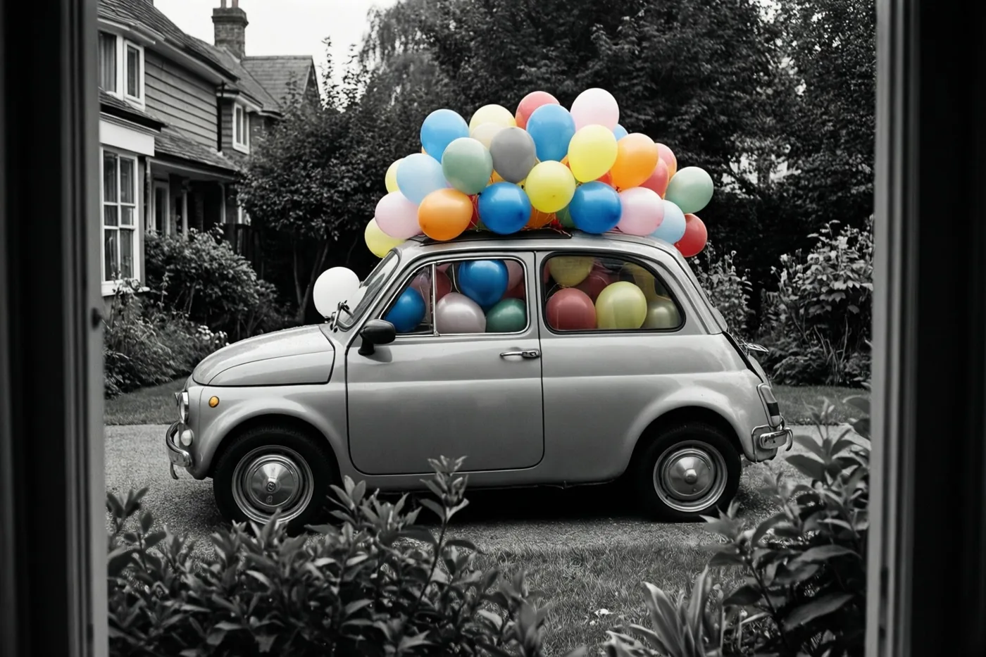 Door een raam is een kleine zilverkleurige auto op een oprit te zien met felgekleurde ballonnen over het dak en de ruiten, terwijl voor- en achtergrond zwart-wit zijn.