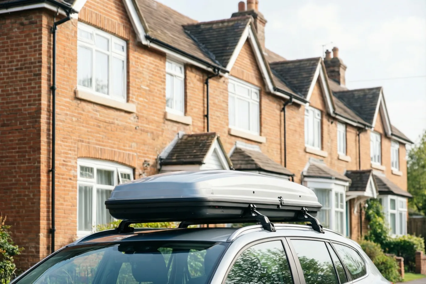 Een zilverkleurige auto met een dakkoffer staat in de zon voor een rij rode bakstenen huizen met trapgevels.