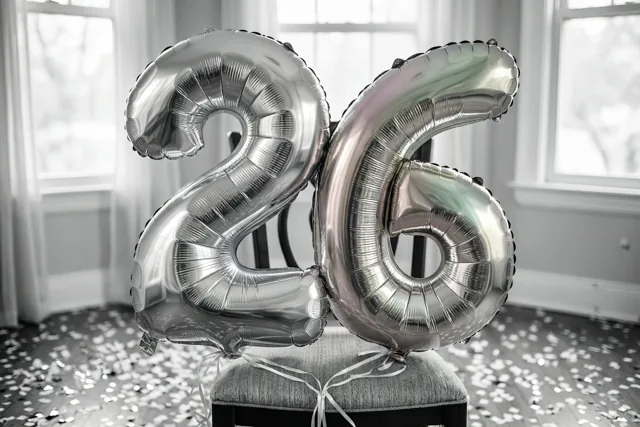 Een zwart-witfoto toont twee grote zilveren folieballonnen in de vorm van 2 en 6 aan een stoel in een lichte kamer met confetti op de vloer.