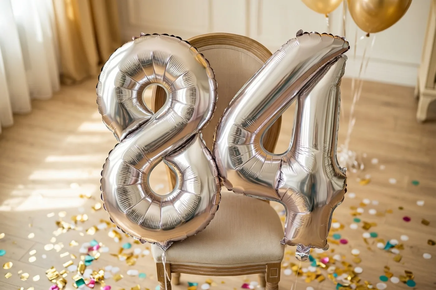 Zilveren cijferballonnen 84 zijn aan een beige stoel vastgemaakt in een lichte kamer, met kleurrijke confetti op de vloer en gouden ballonnen achteraan.