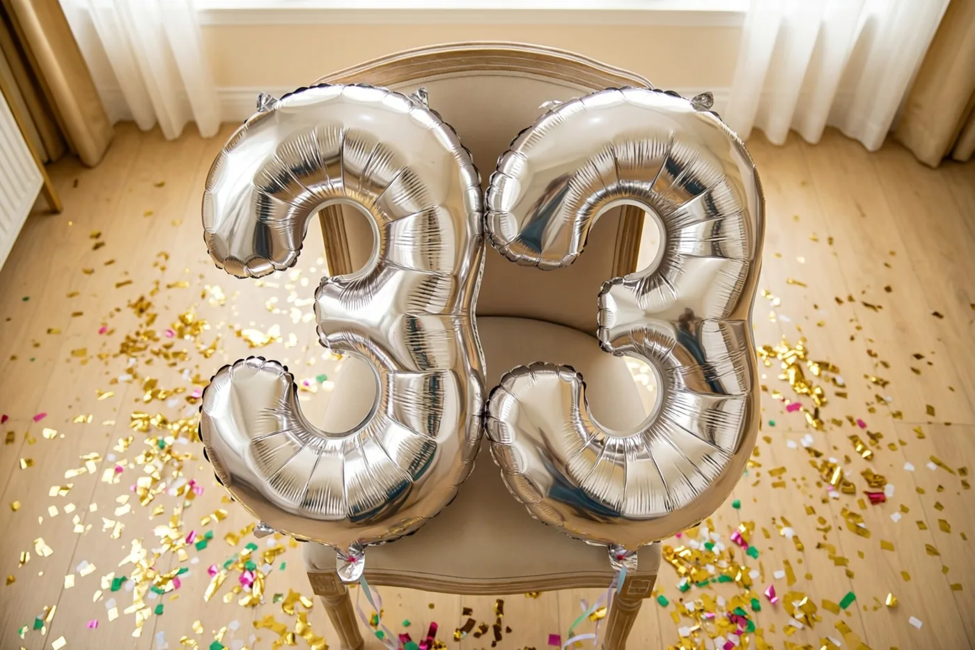 Twee grote zilverkleurige folieballonnen vormen 33 aan een beige stoel in een lichte kamer, met gouden en gekleurde confetti op de houten vloer.