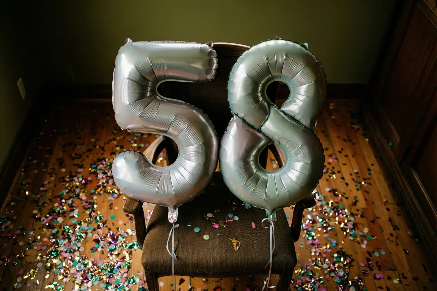 Twee grote zilveren folieballonnen vormen 58 aan een donkere houten stoel in een kamer met groene muren en confetti op de houten vloer.