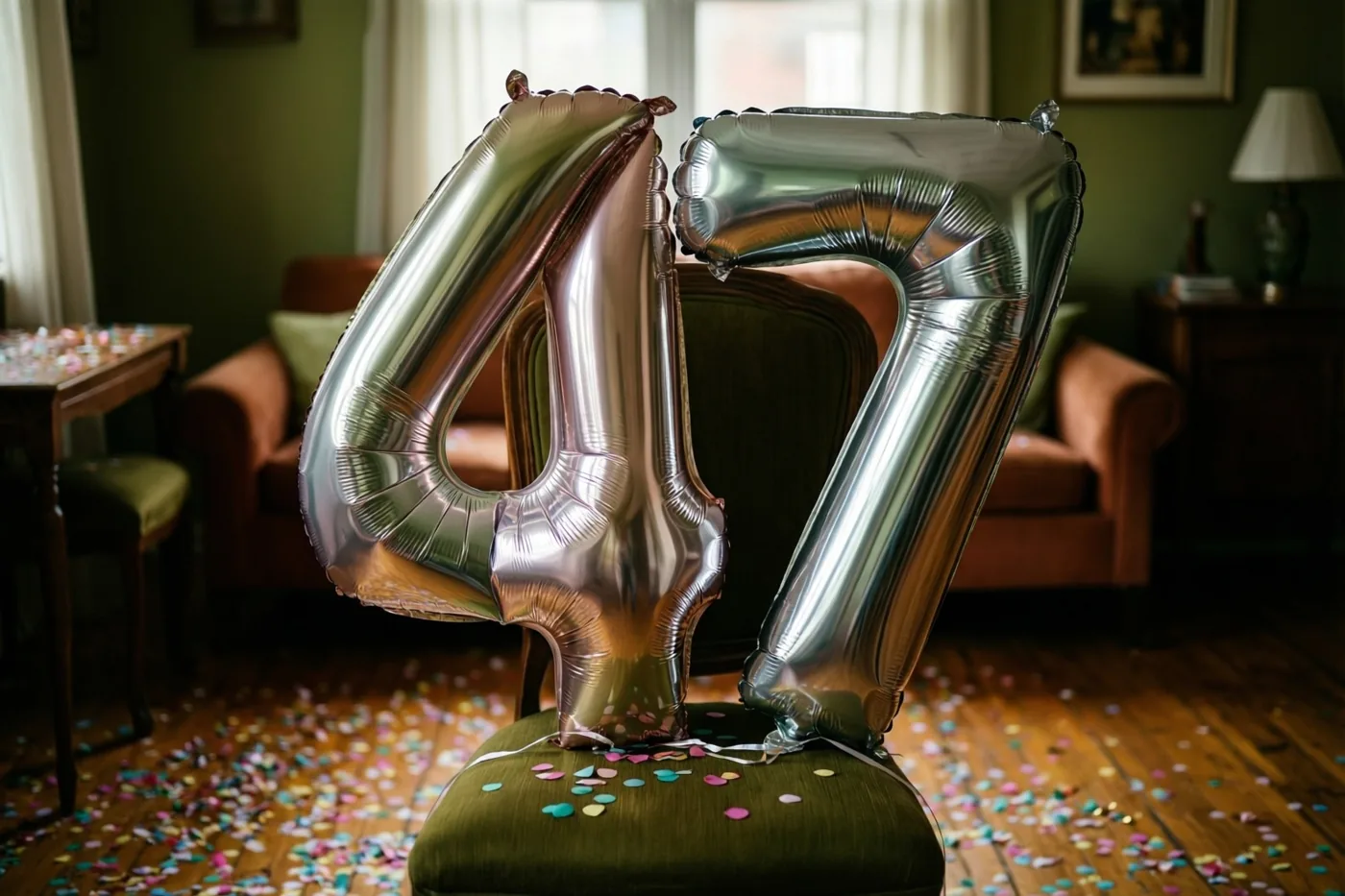 Twee grote zilveren folieballonnen vormen 47 aan een groen beklede stoel in een warm verlichte kamer met meubels, zacht daglicht en confetti op de vloer.