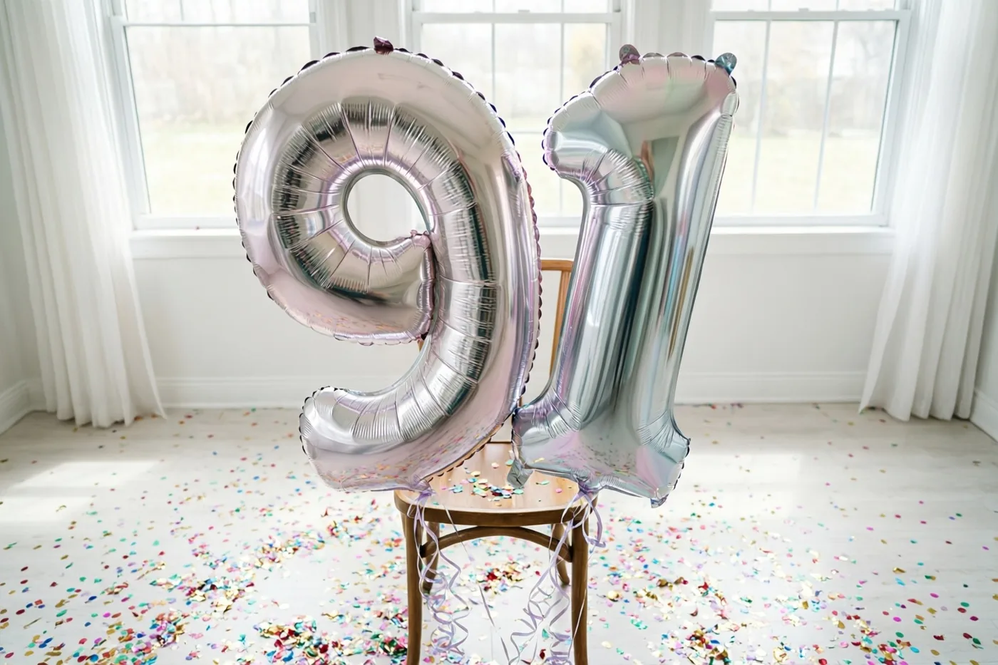 Twee grote zilveren folieballonnen vormen 91 aan een houten stoel in een lichte kamer met witte muren, ramen en gekleurde confetti op de vloer.