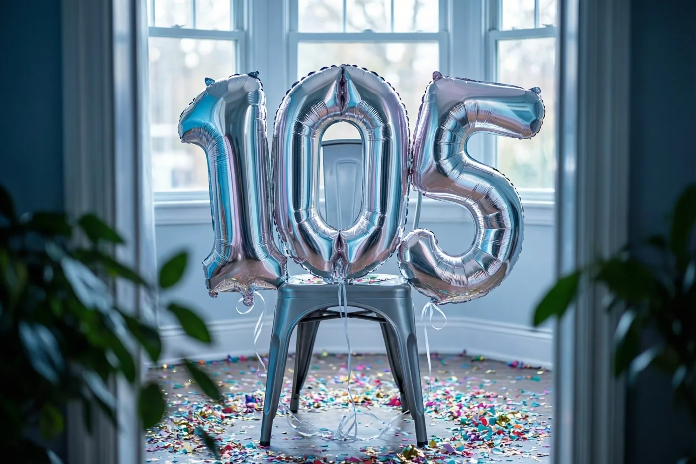 Drie zilveren cijferballonnen vormen samen 105 en zijn vastgebonden aan een metalen stoel in een lichte kamer met een raam, blauwe muren, groene planten en confetti op de vloer.