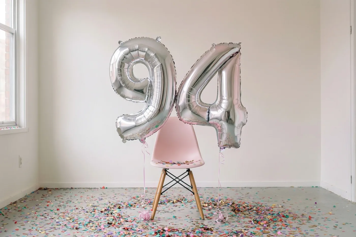 Twee grote zilveren folieballonnen in de vorm van een 9 en een 4 zijn aan een roze stoel vastgemaakt in een lichte, sobere kamer met kleurrijke confetti op de vloer.