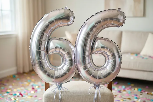 Twee grote zilveren folieballonnen vormen 66 en zijn vastgebonden aan een stoel in een lichte kamer met gekleurde confetti op de vloer en een beige zetel op de achtergrond.