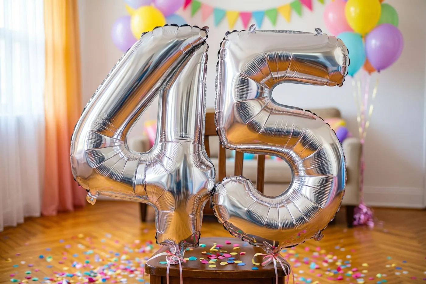 Zilveren folieballonnen in de vorm van 4 en 5 hangen aan een houten stoel in een lichte kamer met confetti, pastelballonnen en een spandoek op de achtergrond.