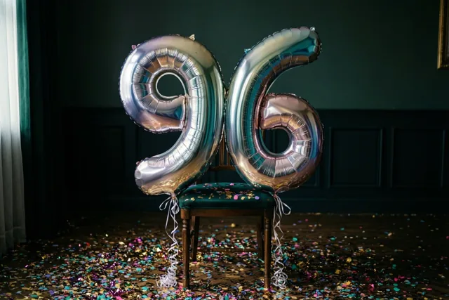 Zilveren folieballonnen vormen 96 aan een houten stoel met een groenfluwelen zitting, met confetti op een donkere houten vloer in een kamer met donkergroene muren en gordijnen.