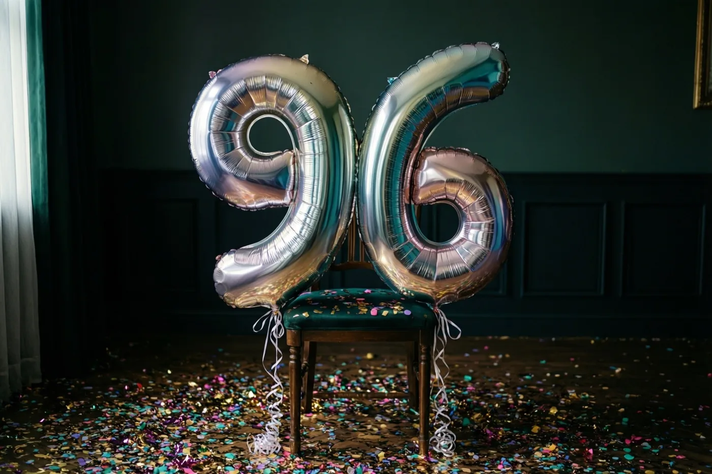 Zilveren folieballonnen vormen 96 aan een houten stoel met een groenfluwelen zitting, met confetti op een donkere houten vloer in een kamer met donkergroene muren en gordijnen.