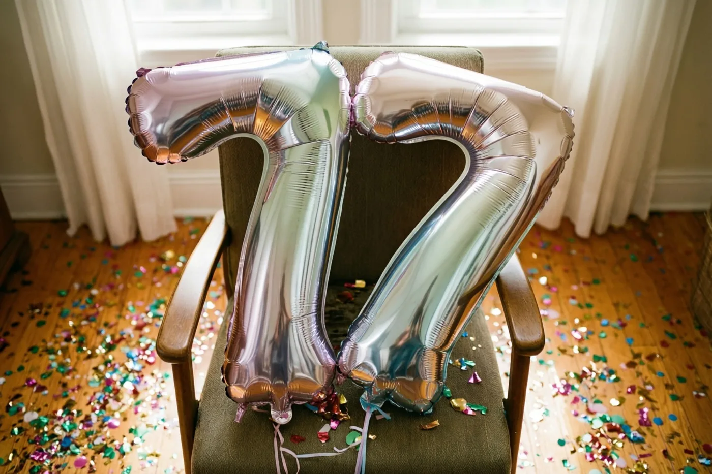 Twee grote zilveren folieballonnen vormen 77 aan de rugleuning van een stoel in een lichte kamer met kleurrijke confetti op de houten vloer.