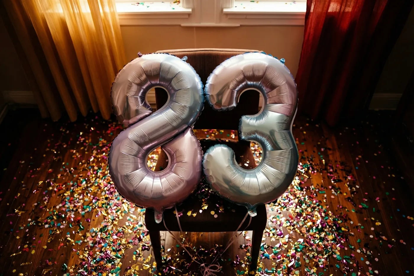Twee grote zilveren folieballonnen in de vorm van 8 en 3 hangen aan een stoel boven een houten vloer met kleurrijke confetti, in een warm verlichte kamer met gordijnen.