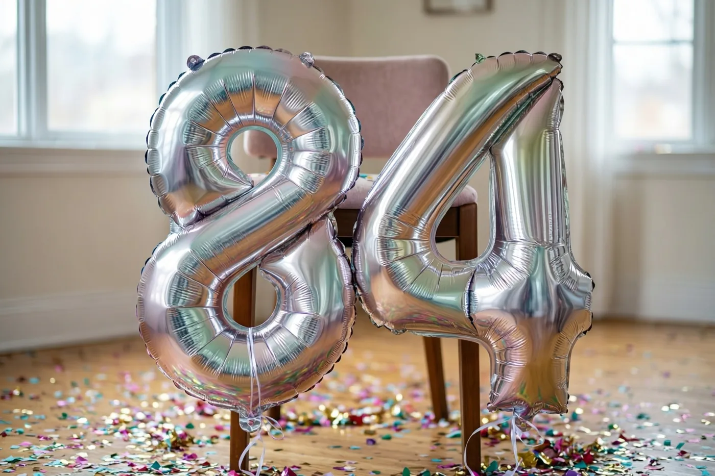 Twee grote zilveren folieballonnen vormen 84 aan een stoel in een lichte kamer met confetti op de houten vloer.