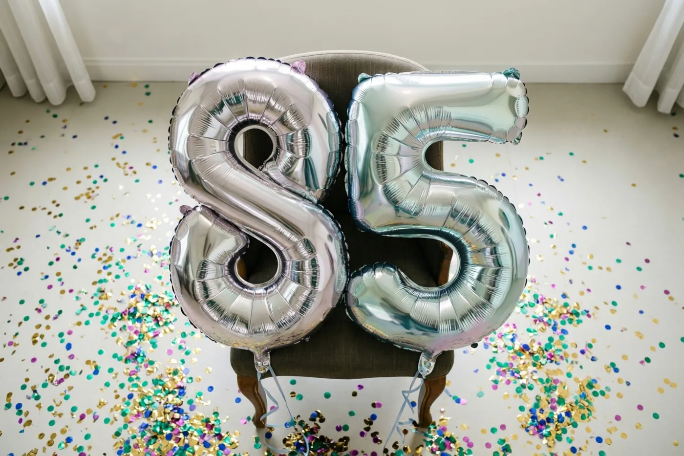 Twee grote zilveren folieballonnen vormen 85 aan een stoel in een lichte kamer met witte muren en een witte vloer vol kleurrijke confetti.