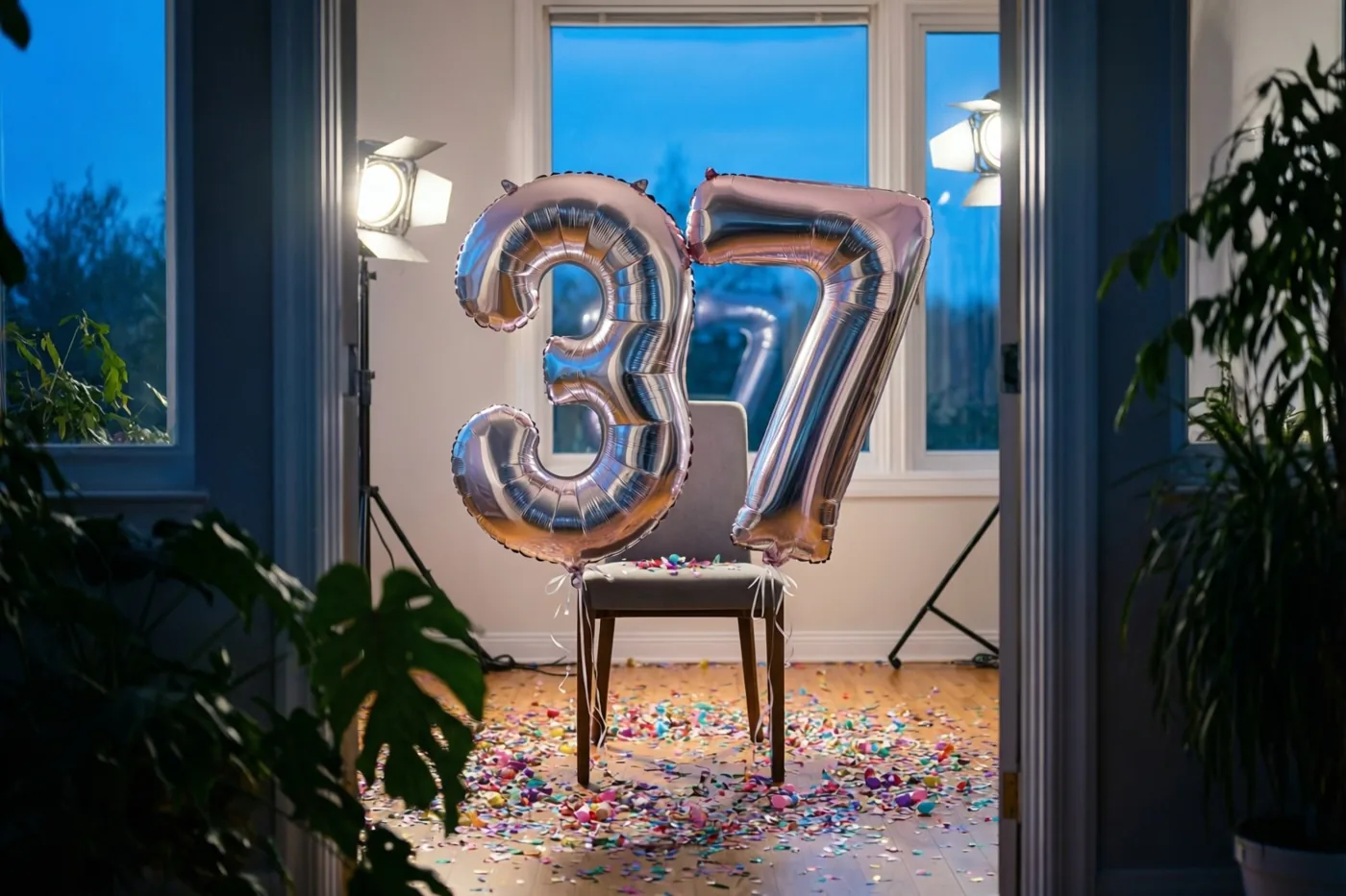 Door een deuropening met planten aan weerszijden zie je zilveren folieballonnen 3 en 7 aan een stoel, met confetti op de houten vloer en studioverlichting.