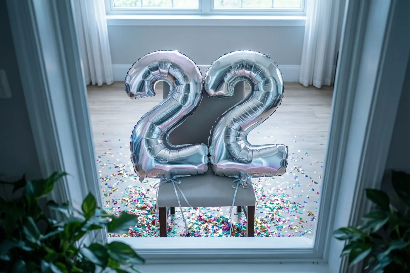 Door een deuropening zijn twee zilveren ballonnen in de vorm van 22 aan een stoel te zien, met confetti op de vloer en groene planten op de voorgrond.