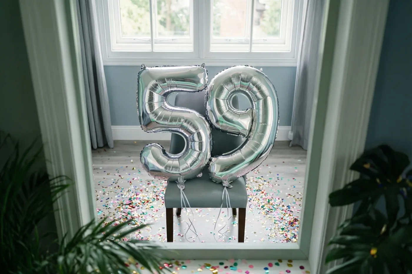 Door een witte deuromlijsting zijn zilveren folieballonnen 59 aan een stoel te zien in een lichte kamer met confetti op de vloer en groene planten vooraan.